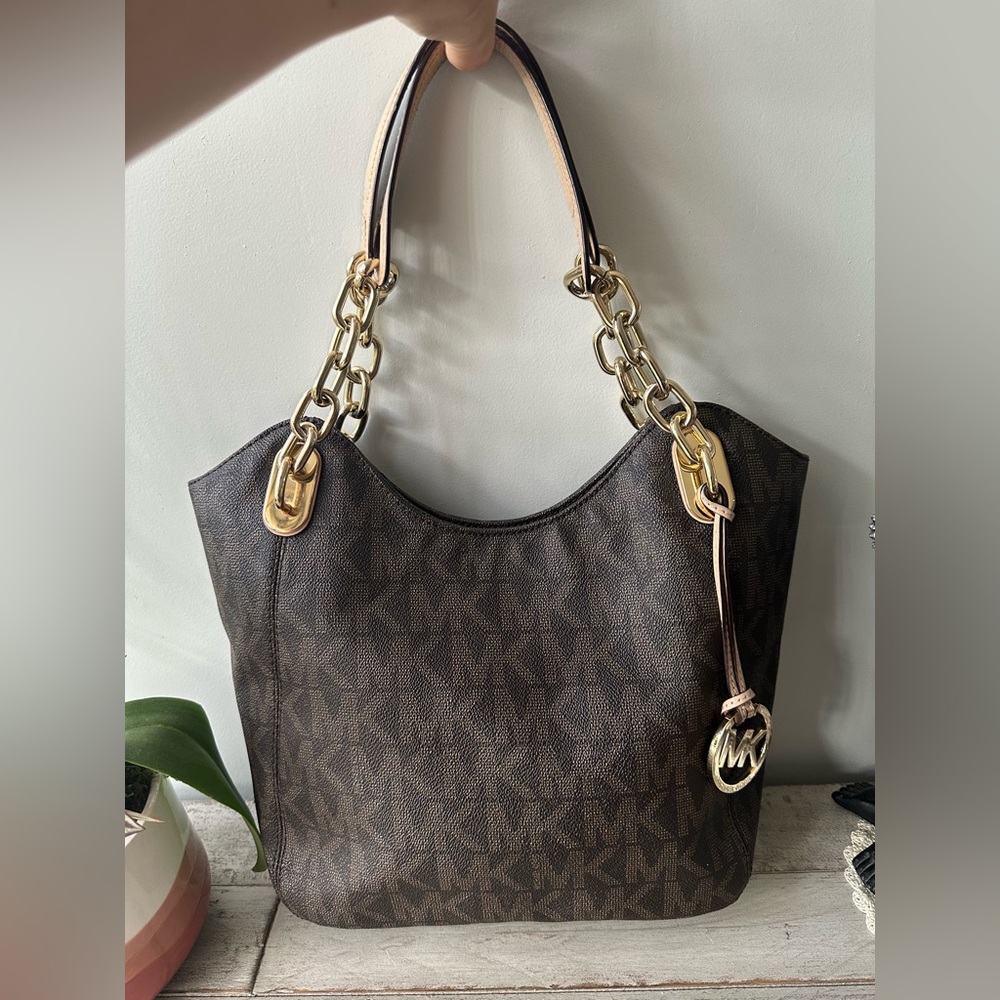 Michael Kors Brown and Gold Shoulder Bag with Signature Monogram
